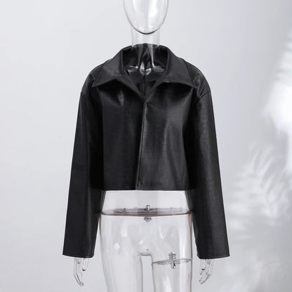 Women’s PU Leather Jacket – Long-Sleeve Stand Collar Zip-Up Coat, Casual Streetwear Outerwear for Autumn & Winter