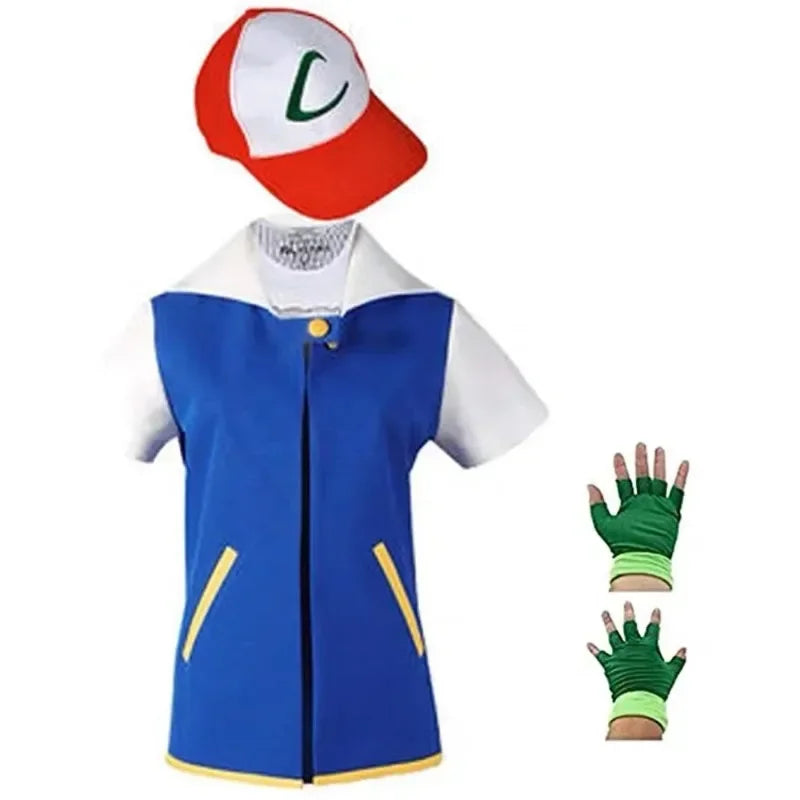 Ash Ketchum Inspired Trainer Cosplay Costume Set – Blue Jacket Outfit with Cap & Gloves for Men, Women & Kids Halloween Carnival Party