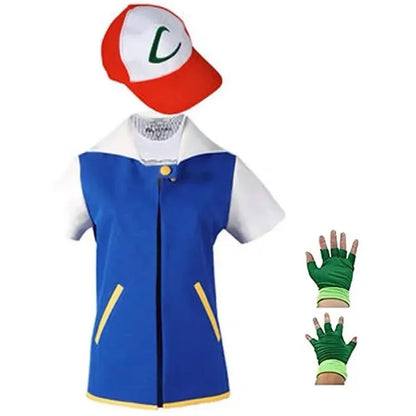 Ash Ketchum Inspired Trainer Cosplay Costume Set – Blue Jacket Outfit with Cap & Gloves for Men, Women & Kids Halloween Carnival Party