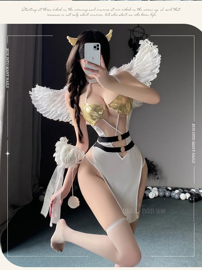 Woman Character Angel Role Play Costume – Japanese Anime Kimono Slit Elf Goddess Dress COS Uniform Set