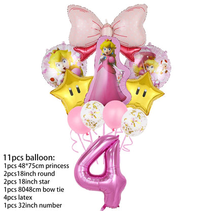 Princess Peach Party Supplies Set – Cartoon Anime-Themed Tableware, Balloons & Decorations for Children's Birthdays & Baby Showers