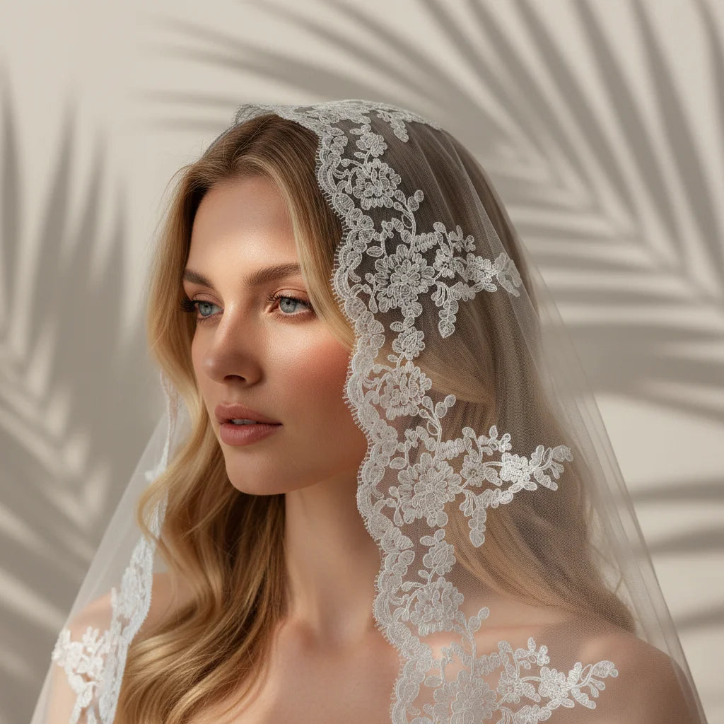 Long Bridal Lace Veil – Spanish Mantilla Wedding Veil with Lace Edge | Elegant Wedding Dress Accessory for Bride & Bridal Party