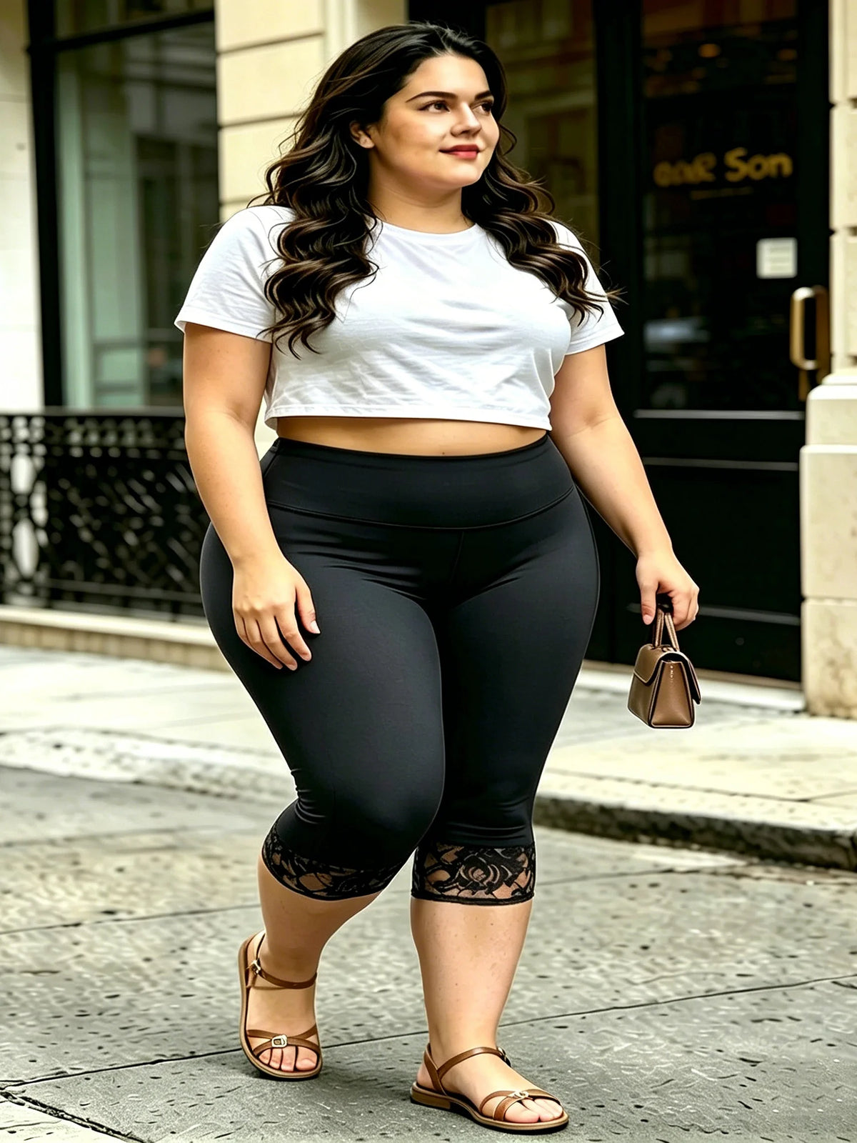 Women's Plus Size Lace Trim Capri Leggings – Stretchy Cropped Tights for Summer, Casual Everyday Pants with Elegant Lace Detail