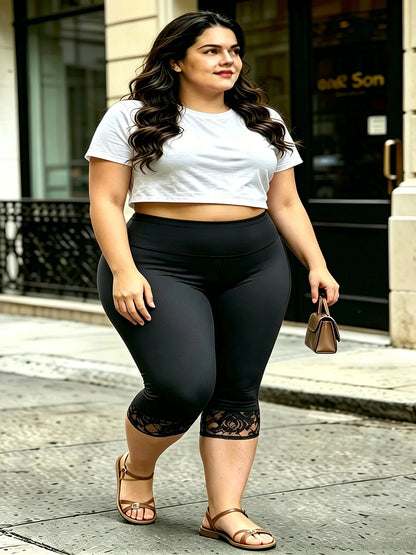 Women's Plus Size Lace Trim Capri Leggings – Stretchy Cropped Tights for Summer, Casual Everyday Pants with Elegant Lace Detail