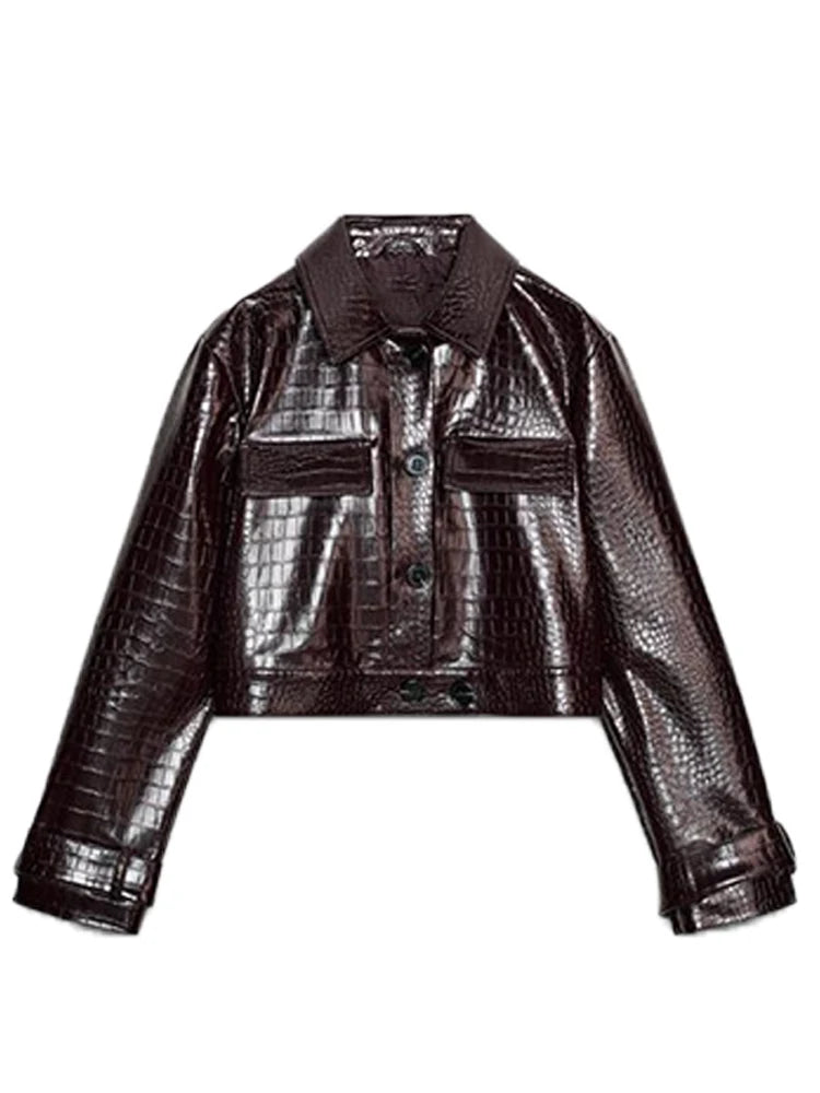 Women’s Y2K Punk Embossed Leather 2-Piece Set 2025 – Cropped Lapel Jacket & Matching High-Waist Pants, Chic Streetwear Outfit