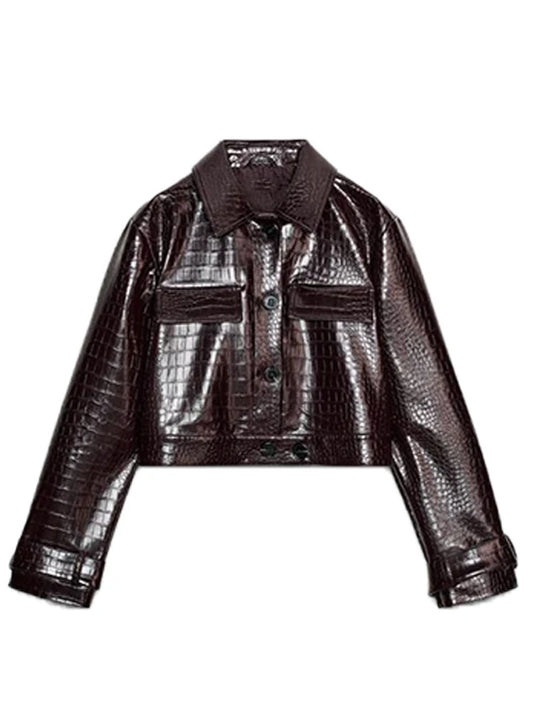 Women’s Y2K Punk Embossed Leather 2-Piece Set 2025 – Cropped Lapel Jacket & Matching High-Waist Pants, Chic Streetwear Outfit