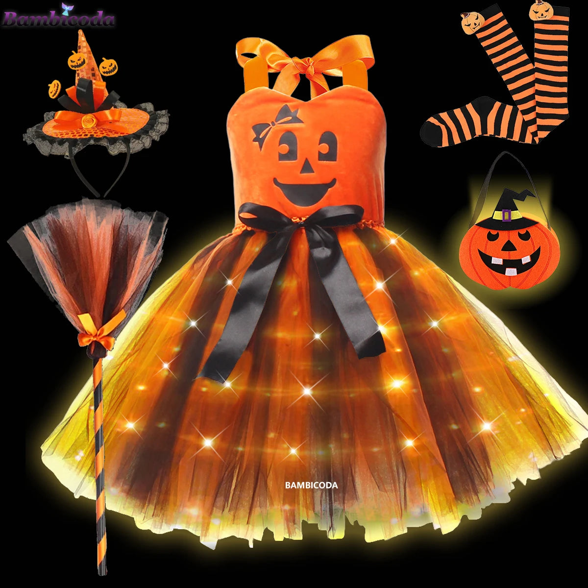 Girls LED Light-Up Witch Costume Dress – Halloween Vampire Cosplay Outfit for Carnival, Masquerade, Performance & Pumpkin Parties