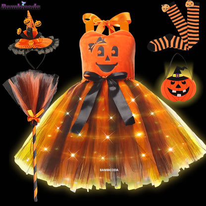 Girls LED Light-Up Witch Costume Dress – Halloween Vampire Cosplay Outfit for Carnival, Masquerade, Performance & Pumpkin Parties