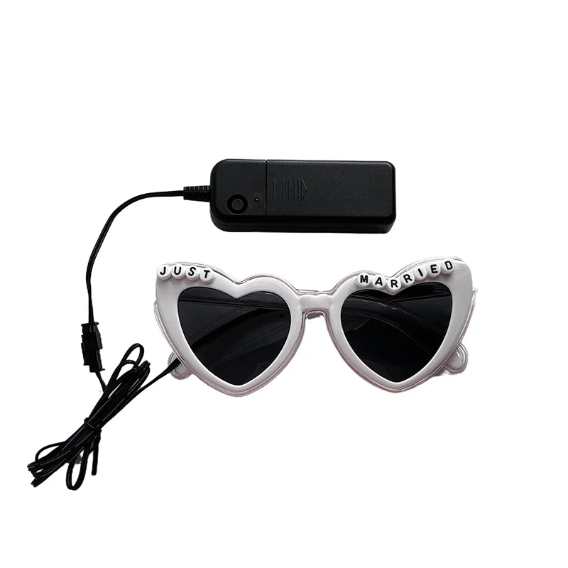 Just Married LED Heart Glasses – Light-Up EL Neon Glasses for Weddings, Engagements & Bridal Showers