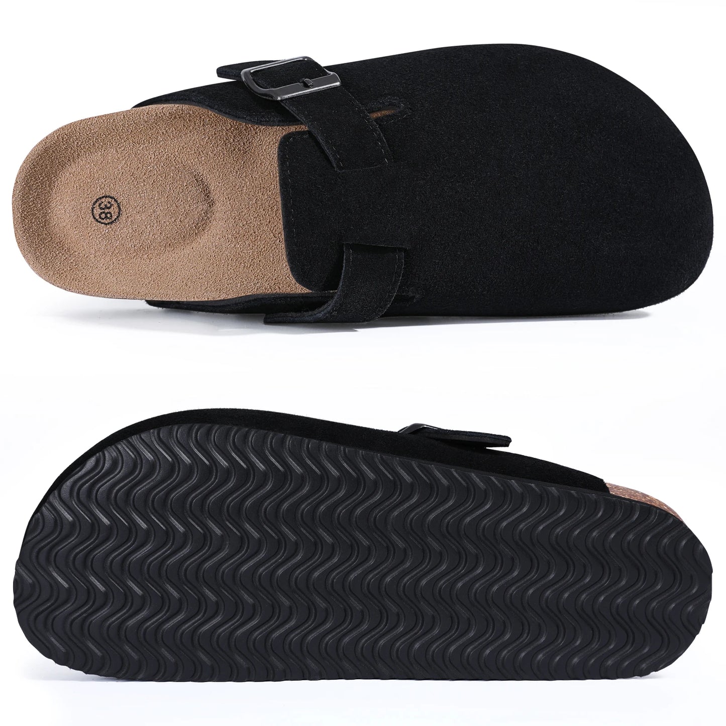 Kidmi Zuecos de ante de vaca para mujer y hombre, mules con plantilla de corcho, correa ajustable y soporte para el arco del pie