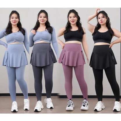 Plus Size Women's 2-in-1 Skirted Leggings – High-Waist Yoga & Training Pants with Pockets, Sharkskin Fabric & Faux Two-Piece Design