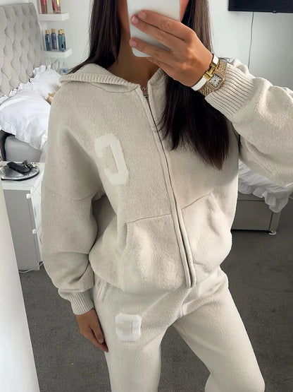 Women’s Hooded Knit Tracksuit 2-Piece Set – Casual Knitted Jacket & Pants Trousers, Cozy Two-Piece Outfit for Everyday Wear
