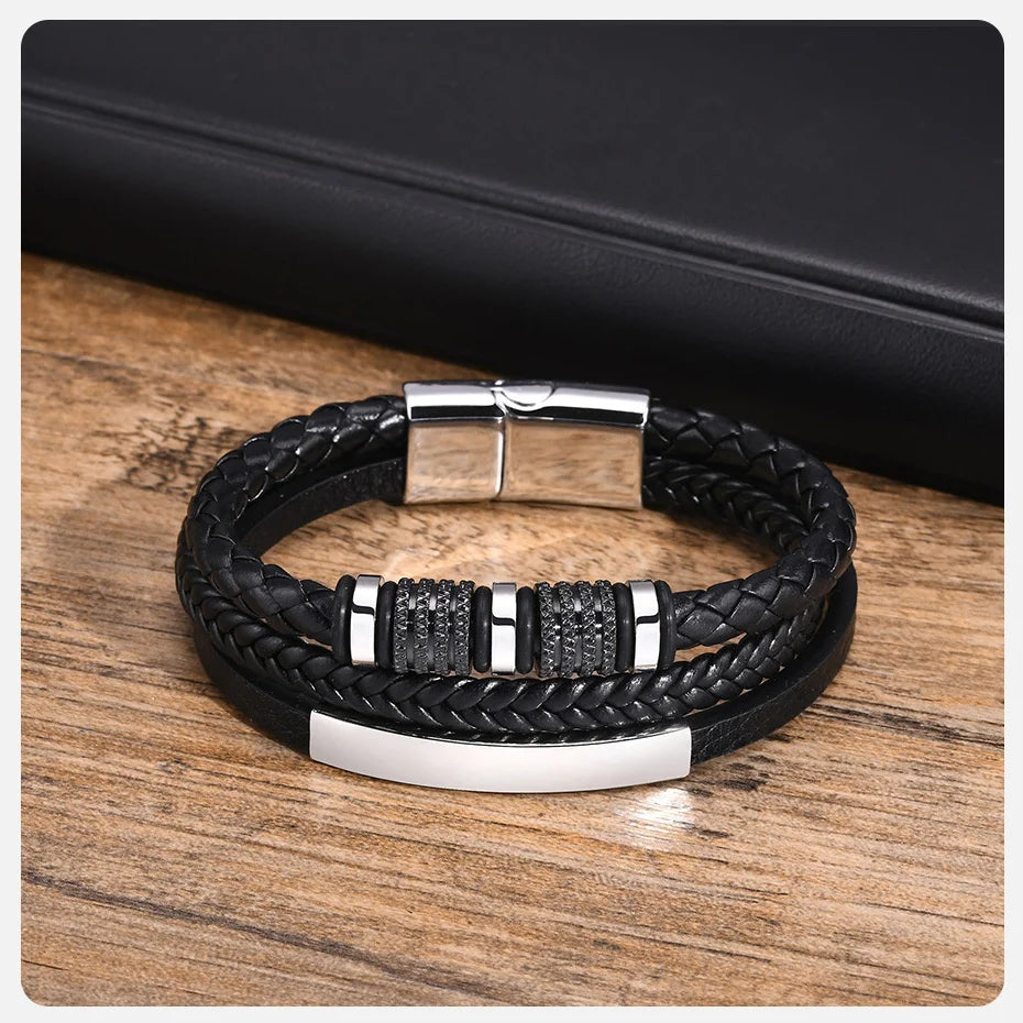 Vnox Personalized Braided Leather Bracelet for Men – Custom Name Engraved Triple Woven PU Leather Wristband | Handmade Gift Jewelry