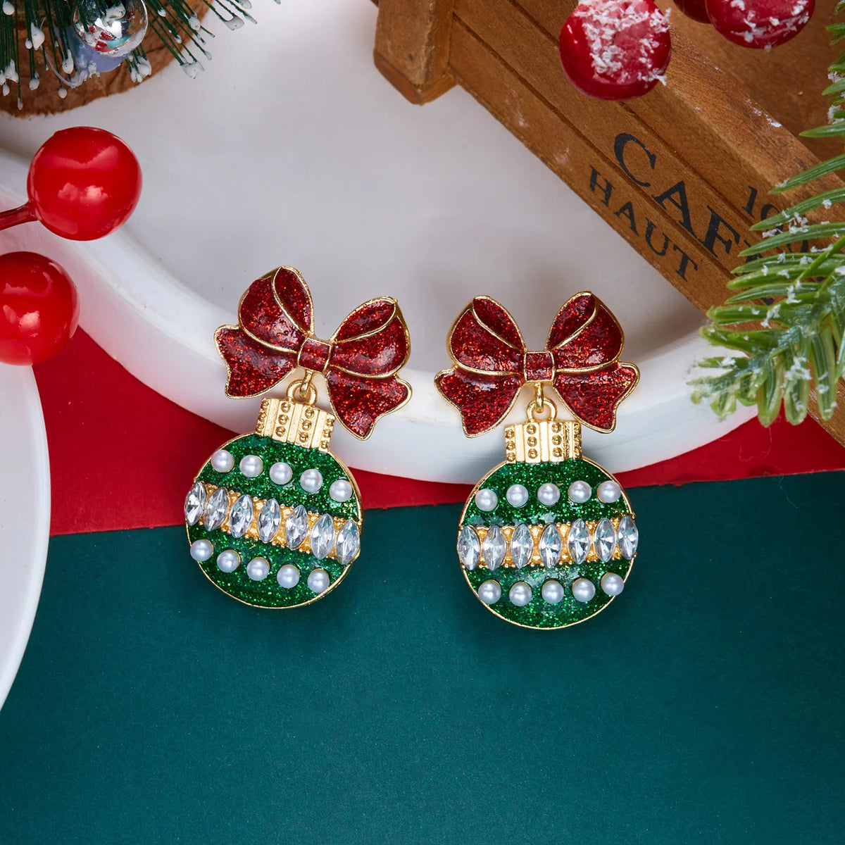 Christmas Bow Drop Earrings for Women – Glitter Red & Green Holiday Dangle Earrings, Festive Party Jewelry, Cute Gift Accessories