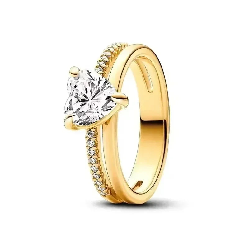 Anillo de moda ajustable con corona de corazón de plata de ley 925 chapado en oro con purpurina para mujer