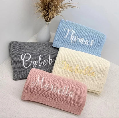 Personalized Baby Knitted Blanket – Custom Name Cotton Newborn Wrap for Winter Warmth & Comfort