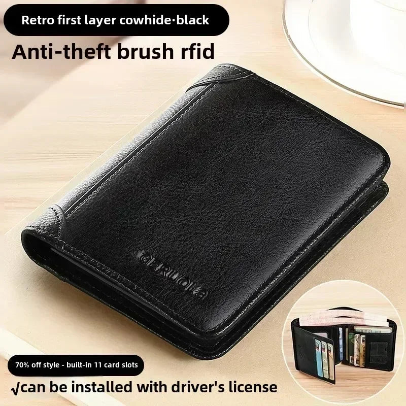 Men's Genuine Leather RFID Blocking Trifold Wallet Slim Vintage ID & Credit Card Holder