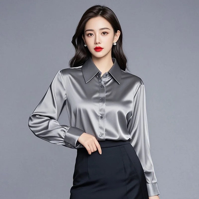 Chemisier en Soie Satinée à Manches Longues pour Femme – Chemise de Bureau Élégante Ample Boutonnée, Haut de Travail Professionnel d'Automne