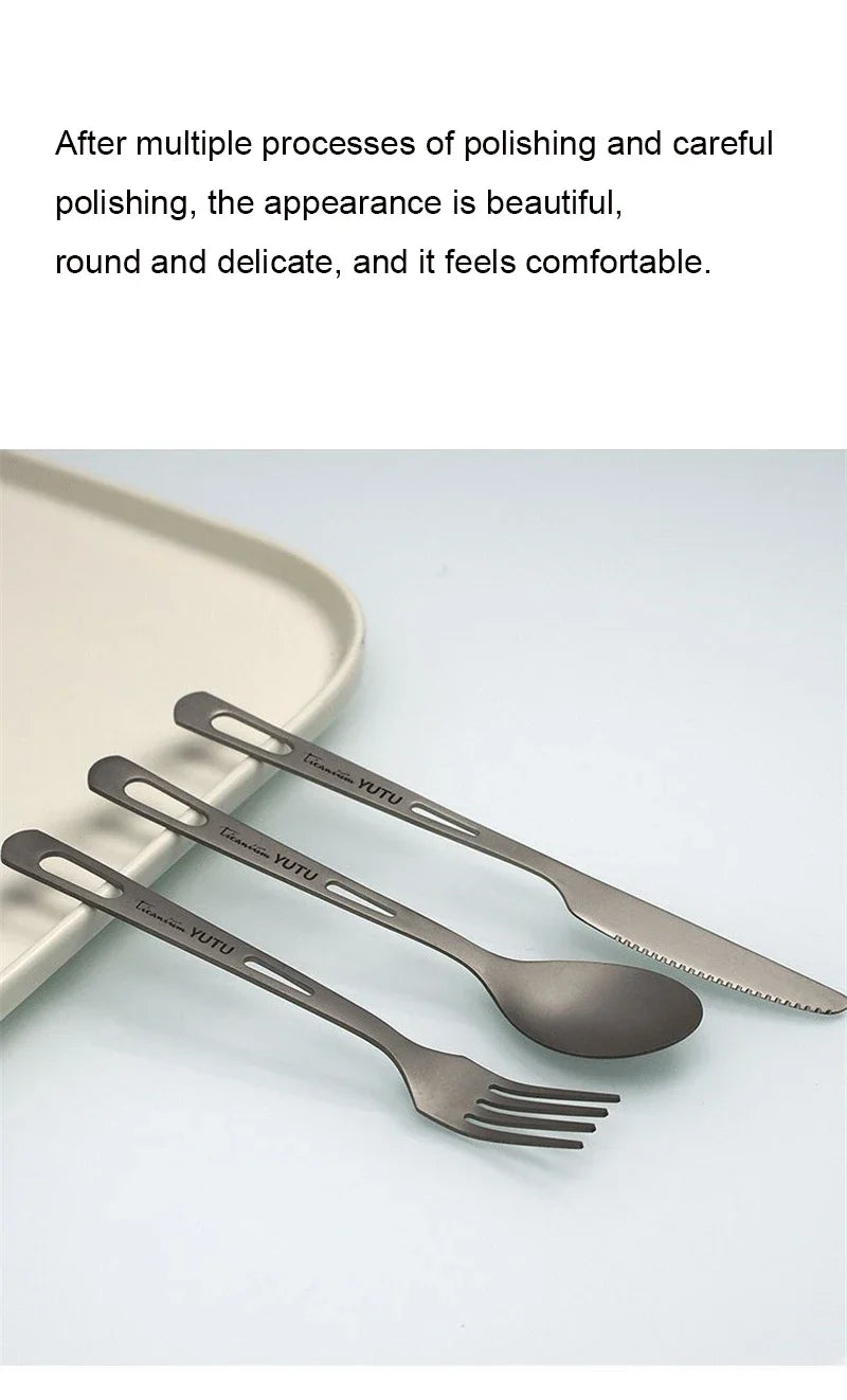 Juego de cubiertos de titanio puro – Juego portátil de cuchillo, tenedor, cuchara y palillos para acampar, hacer senderismo, comer al aire libre, pícnic y uso diario