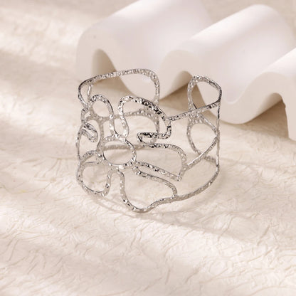Stainless Steel Open Flower & Leaf Bangle Bracelet – Gold Geometric Cuff Bracelet for Women & Men | Minimalist Fashion Jewelry