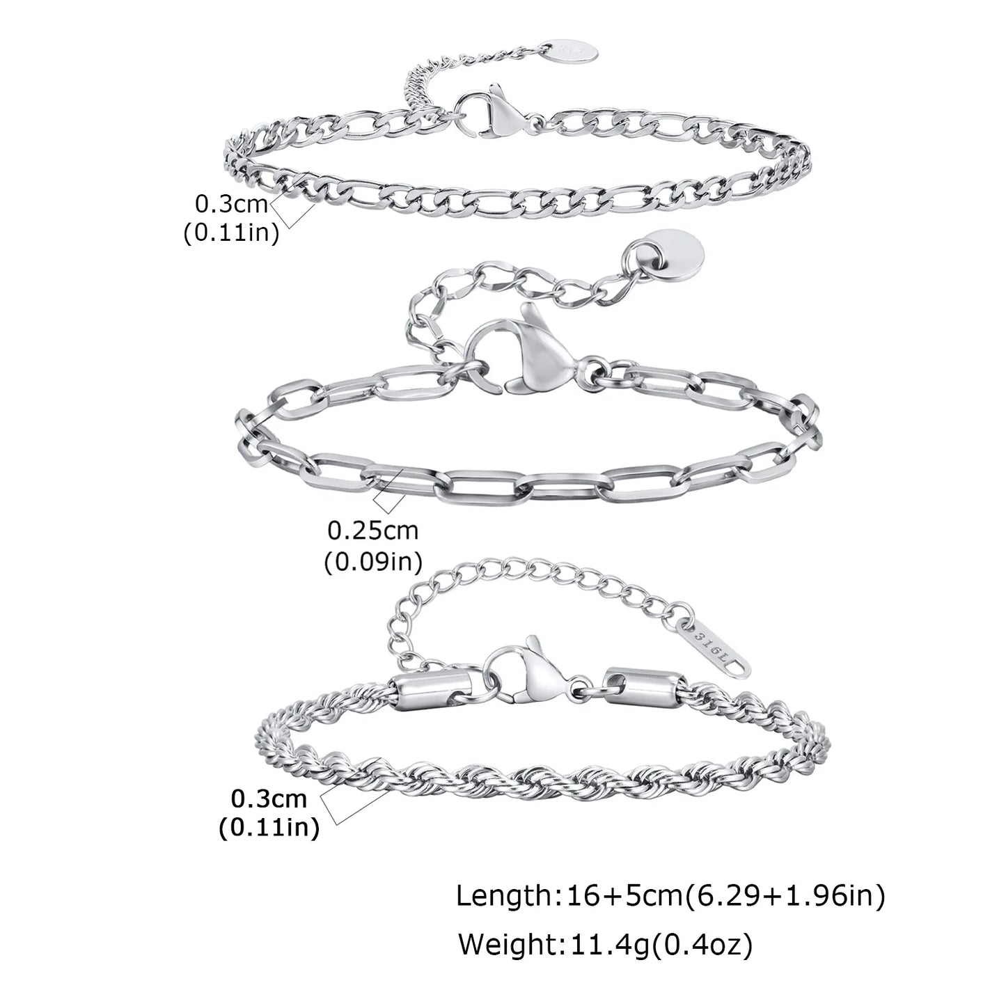 3-Piece Silver Twist Chain Bracelet Set – Never Fade Thin Chain Wristband for Men | Punk Fashion Jewelry Gift for Husband, Father & Son