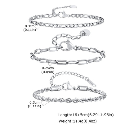 3-Piece Silver Twist Chain Bracelet Set – Never Fade Thin Chain Wristband for Men | Punk Fashion Jewelry Gift for Husband, Father & Son