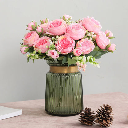 30cm Pink Silk Peony Rose Bouquet – Artificial Flower Arrangement with 5 Large Blooms & 4 Buds, Realistic Faux Floral Bouquet for Wedding, Bridal Décor, Home Decoration & DIY Crafts