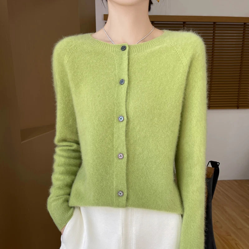 Women's 100% Merino Wool Long-Sleeve Sweater – O-Neck Knit Cardigan-Style Top for Spring & Autumn, Soft Basic Fashion Knitwear