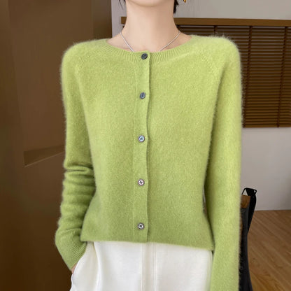 Women's 100% Merino Wool Long-Sleeve Sweater – O-Neck Knit Cardigan-Style Top for Spring & Autumn, Soft Basic Fashion Knitwear
