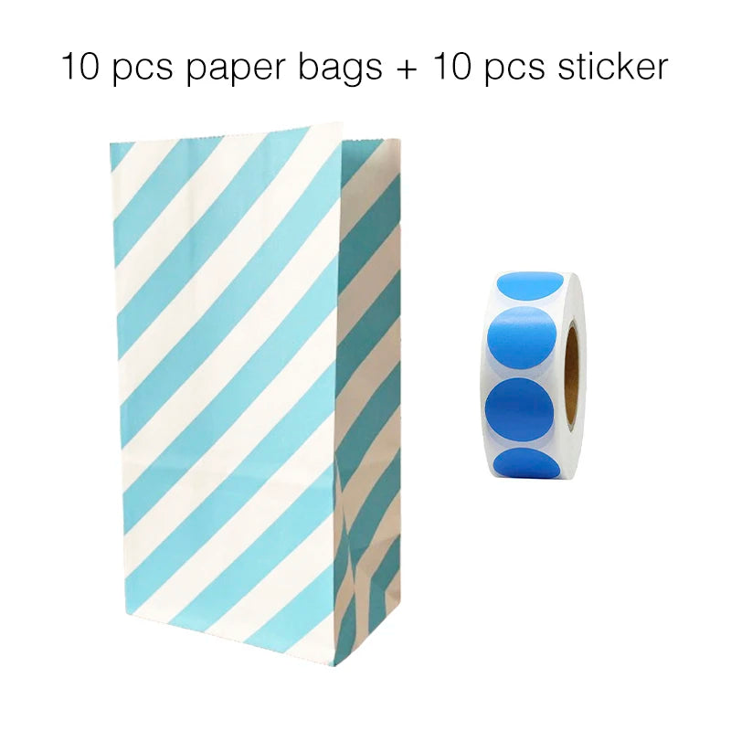10PCS Stand-Up Colorful Gift Bags with Stickers – Solid, Striped & Polka Dot Treat Bags for Wedding, Birthday & Party Favors (18×9×6cm)