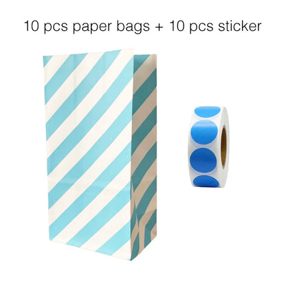 10PCS Stand-Up Colorful Gift Bags with Stickers – Solid, Striped & Polka Dot Treat Bags for Wedding, Birthday & Party Favors (18×9×6cm)