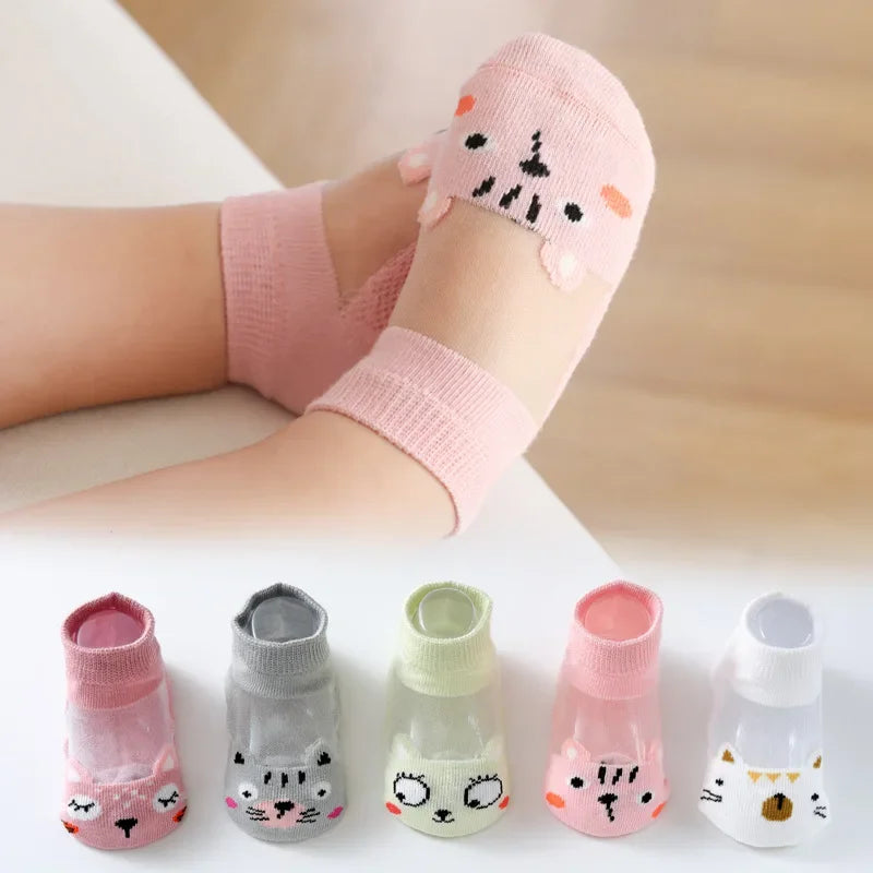 5 Pairs Kids Summer Cotton Mesh Socks Cute Cartoon Dinosaur & Bear Short Socks for Boys & Girls