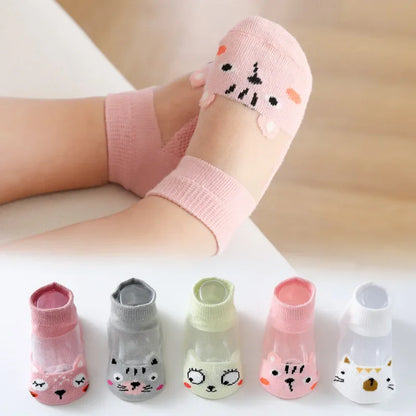 5 Pairs Kids Summer Cotton Mesh Socks Cute Cartoon Dinosaur & Bear Short Socks for Boys & Girls
