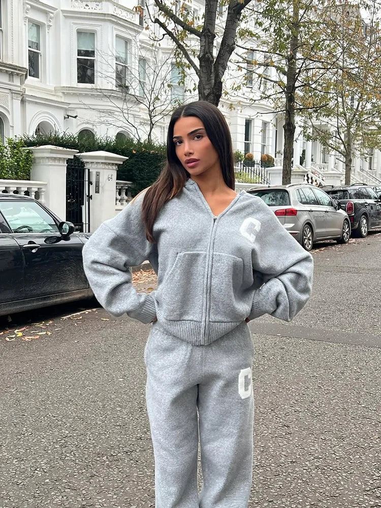Women’s Hooded Knit Tracksuit 2-Piece Set – Casual Knitted Jacket & Pants Trousers, Cozy Two-Piece Outfit for Everyday Wear
