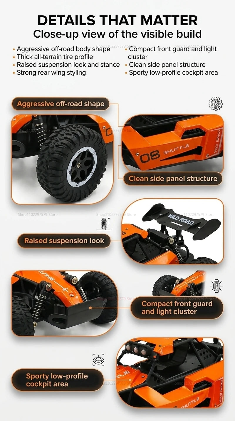 Camión Monstruo RC 4x4 a Escala 1:16, 20 KM/H, Coche Teledirigido con Carrocería de Aleación, Faros LED y Juguete de Carreras Todoterreno de 2.4GHz para Niños