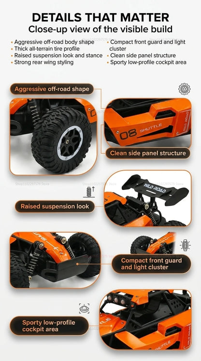 Camión Monstruo RC 4x4 a Escala 1:16, 20 KM/H, Coche Teledirigido con Carrocería de Aleación, Faros LED y Juguete de Carreras Todoterreno de 2.4GHz para Niños
