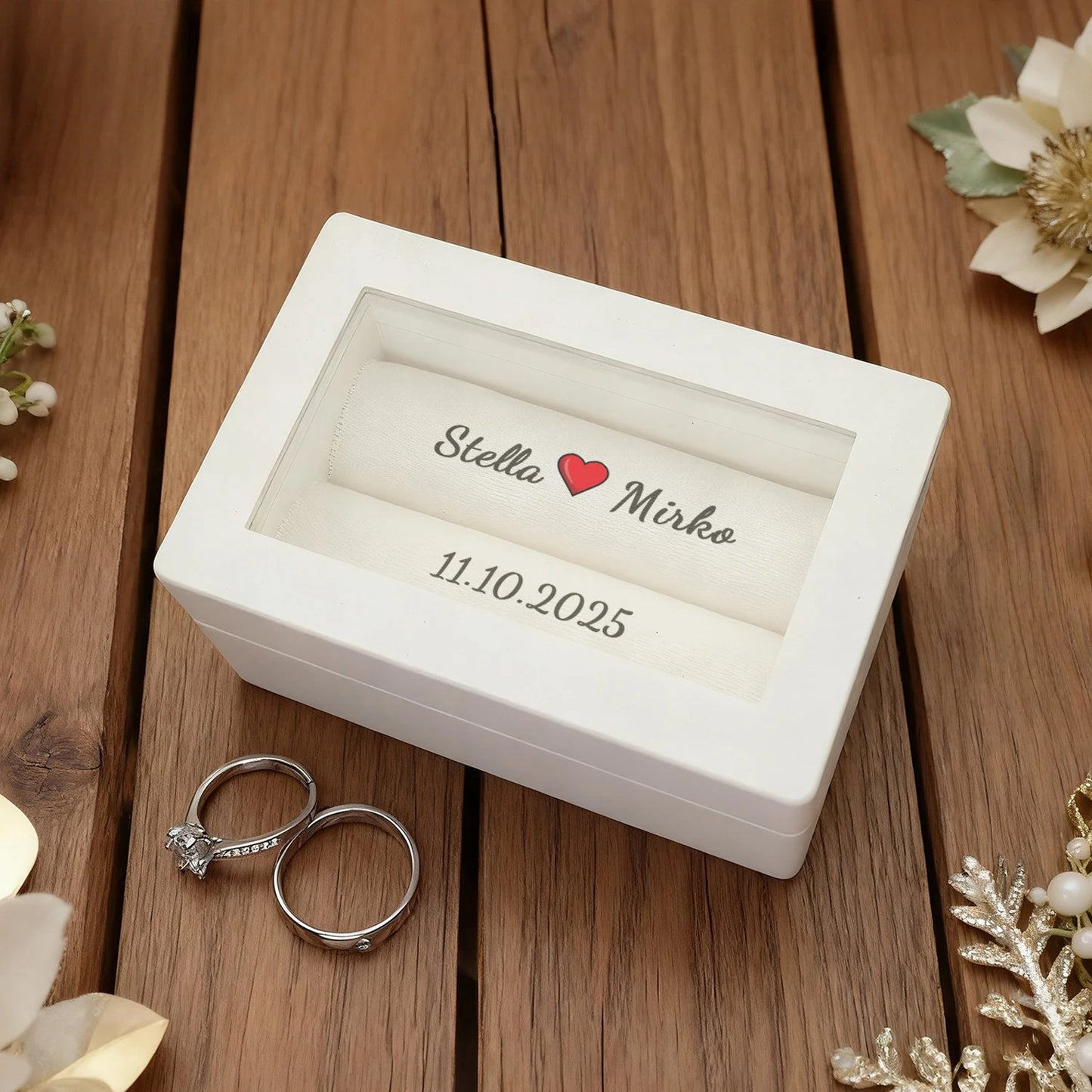 Anillo de Boda Personalizado con Nombre Grabado - Estuche Premium para Anillos para Ceremonia de Boda, Pedida de Mano y Regalos de Compromiso