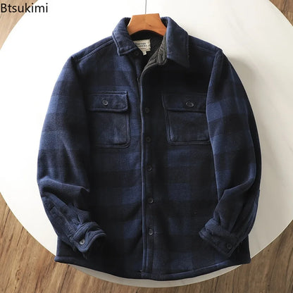 Men’s Fleece-Lined Flannel Shirt Jacket – Thick Warm Long-Sleeve Plaid Coat, Vintage Casual Outerwear for Autumn & Winter