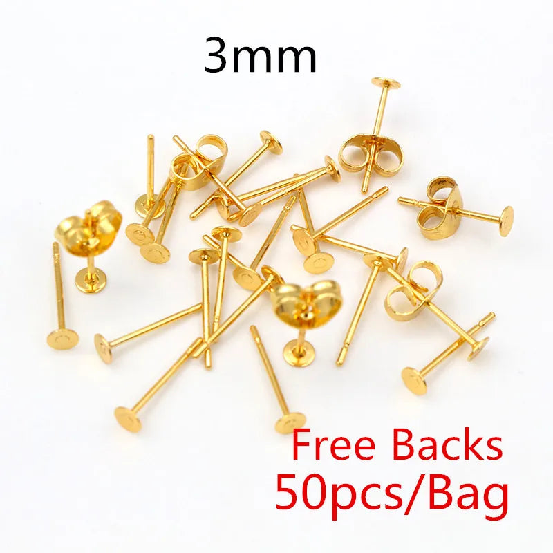 Clous de boucles d'oreilles en acier inoxydable doré, 50 à 100 pièces, avec attaches – Tiges de base vierges pour la fabrication de bijoux et boucles d'oreilles DIY