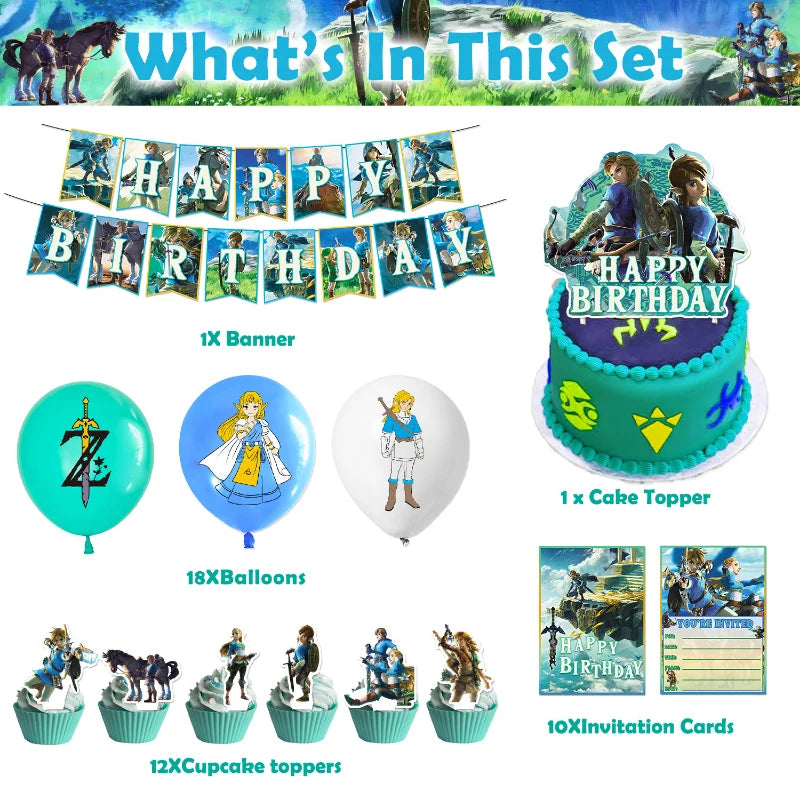 Zelda Tears of the Kingdom Party Decoration Set – Balloons, Flags & Birthday Party Props
