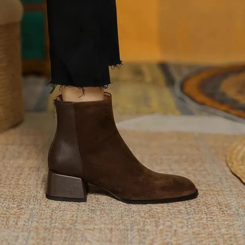 Women's Chelsea Ankle Boots – Stylish Spring & Autumn Frosted Leather Boots with Thick Comfortable Heels, Casual Fashion Shoes