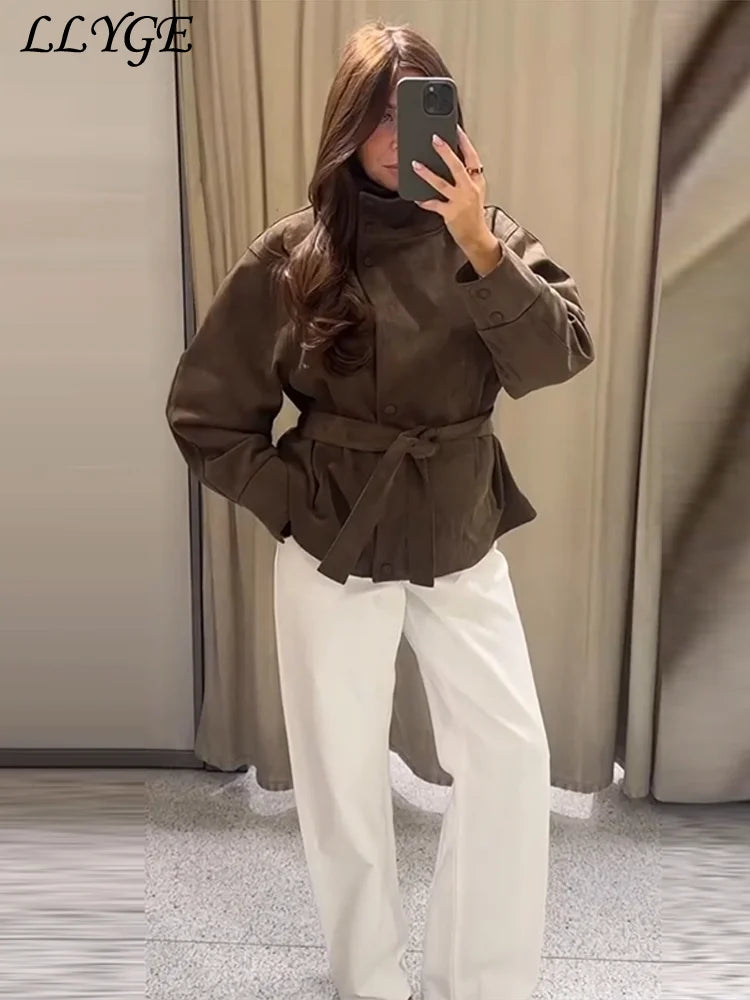 Women’s Vintage Suede Short Coat – Elegant Lace-Up Belted Jacket with Stand Collar, Single-Breasted Closure & Long Sleeves
