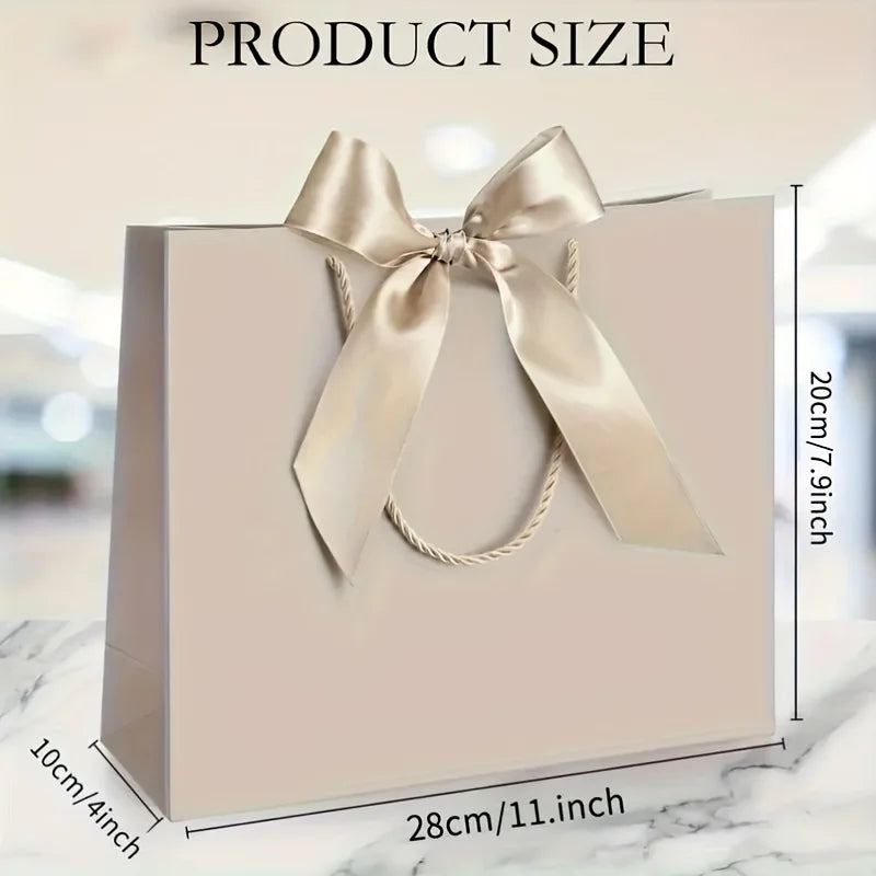 10 bolsas de regalo beige de "agradecimiento" con moños dorados – Elegantes bolsas de papel plegables para compras para recuerdos de bodas, regalos de fiestas y eventos