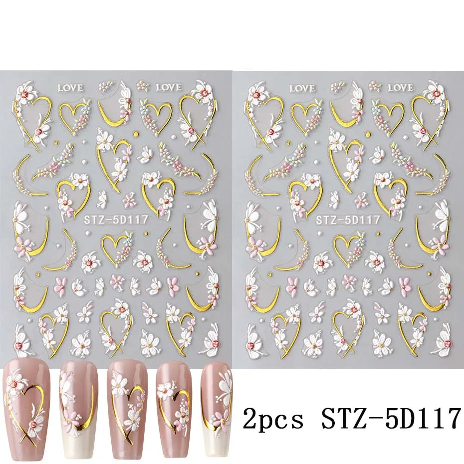 2pcs 5D Embossed Flower Nail Stickers – Golden Heart & Pink Petal Nail Art Decals for Valentine’s Manicure Decoration