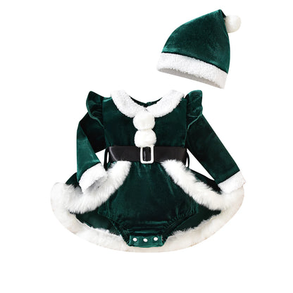Citgeett Baby Girls Christmas Bodysuit Dress Set, Winter Plush Patchwork Long Sleeve Jumpsuit with Cute Santa Hat, Infant Holiday Outfit for Christmas Parties, Photoshoots and Festive Celebrations