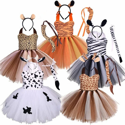 Baby Girls Animal Tutu Dress – Forest Theme Giraffe, Cow, Tiger, Leopard & Zebra Print Costume for Halloween & Birthday Parties