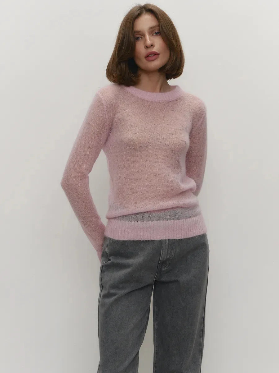 Women’s Classic Mohair Knitted Sweater Top Spring Summer Loose O-Neck Micro Sheer Cool Knit Shirt