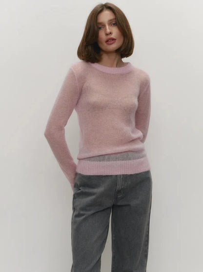 Women’s Classic Mohair Knitted Sweater Top Spring Summer Loose O-Neck Micro Sheer Cool Knit Shirt