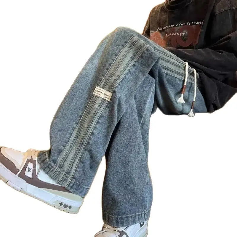 Vaqueros rectos retro para hombre – Pantalones de mezclilla casuales estilo americano de ajuste holgado, con cintura elástica y a la moda urbana