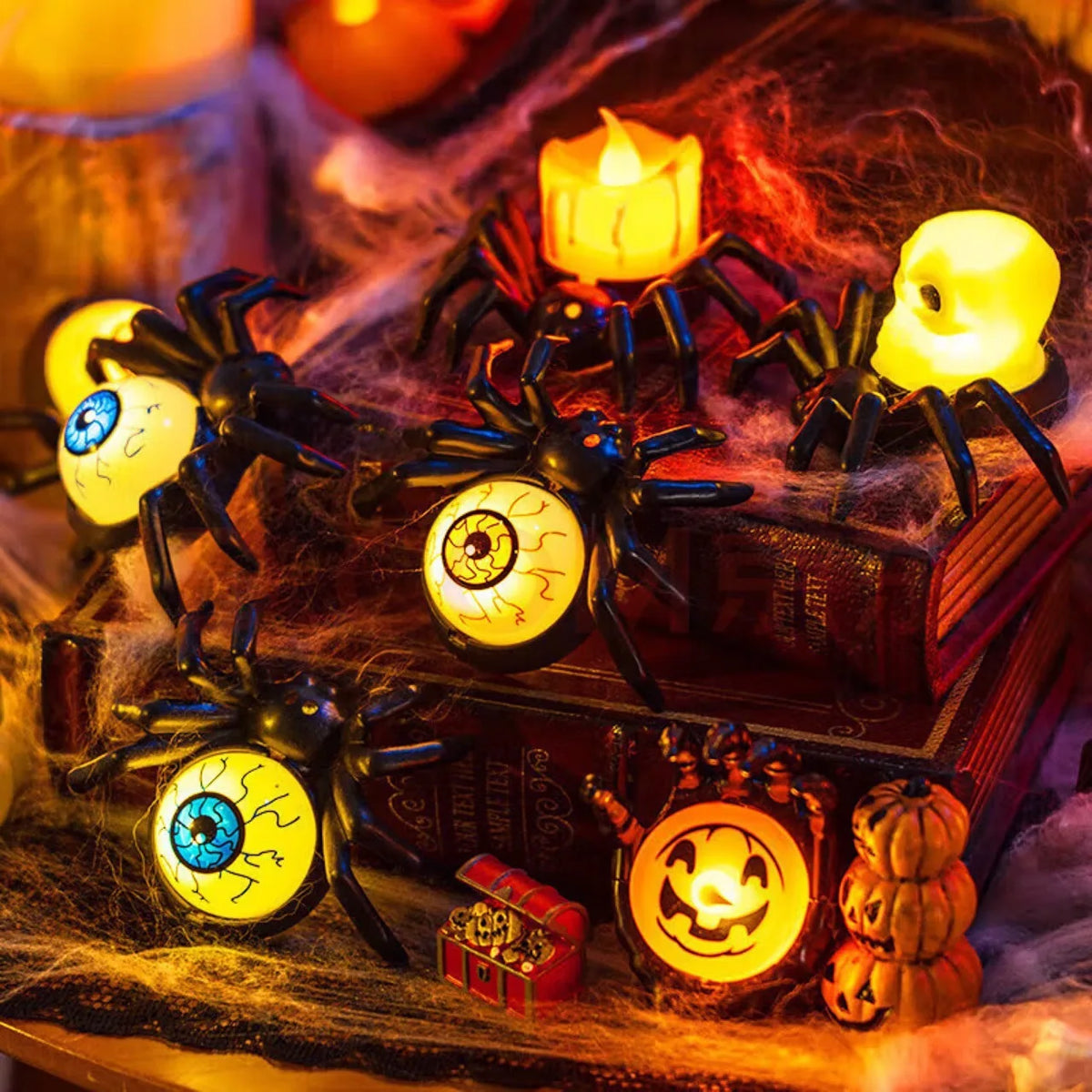 Halloween LED Pumpkin Candle Lamp – Button-Operated Plastic Pumpkin, Spider & Skull Horror Prop Decoration for Bar & Haunted House